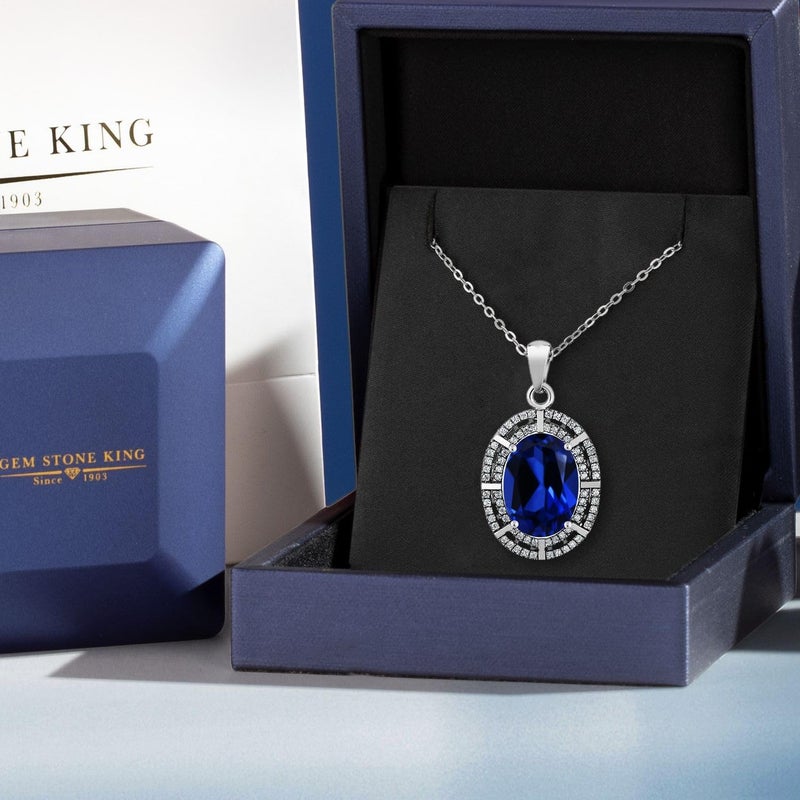 Gem Stone King 5-10 Cttw Two Row Halo Pendant Necklace for Women | 925 Sterling Silver | 14X10MM Oval Gemstone Birthstone | With 18 Inch Silver Chain | Fine Jewelry Gifts for Her Mom Women Wife - Image 5
